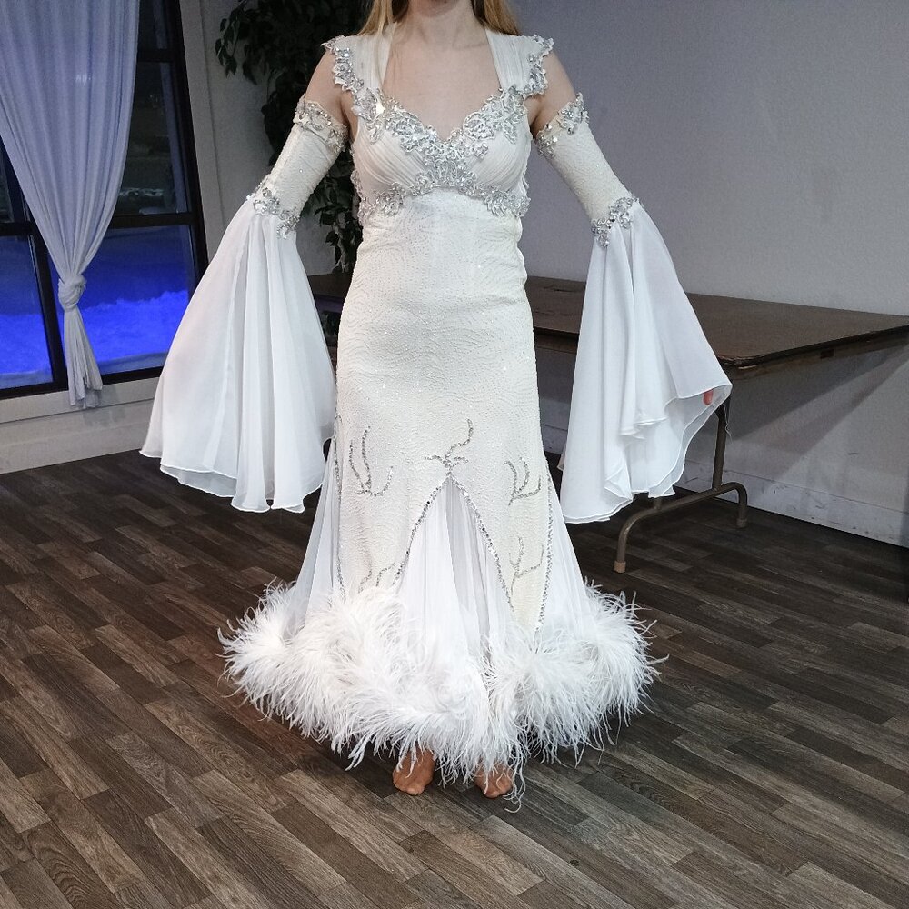 White Feathered International Ballroom Gown with Floaters - Picture 10 of 12